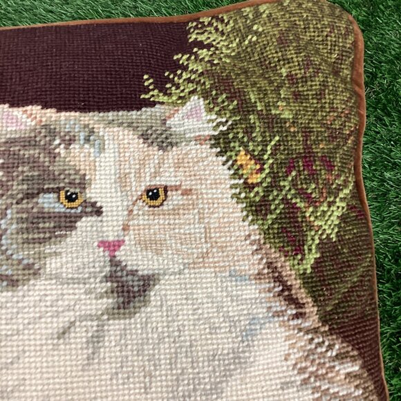 Vintage Cat Needlepoint Tapestry Pillow Long Haired Calico - Picture 2 of 11